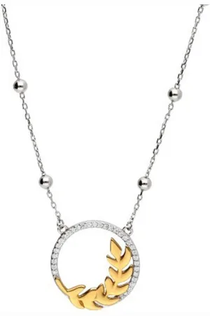 Zilver En Dames Ketting met Hanger bladeren - dames ketting met hanger bladmotief en zirkonia - Dames Ketting met Blad hanger Zirkonia - 925- Dames Ketting met Goudkleur op echte - Amona Jewelry