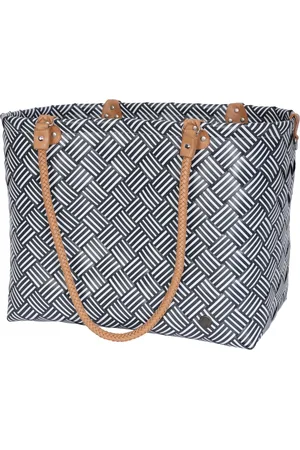 Handed By Shopper XL - Grote tas - Strandtas - Sporttas - Boodschappentas - Weekendtas - Lange hengsels - Handgevlochten - Sainte-Maxime Stripes - donkergrijs met witt streepjes - dark grey