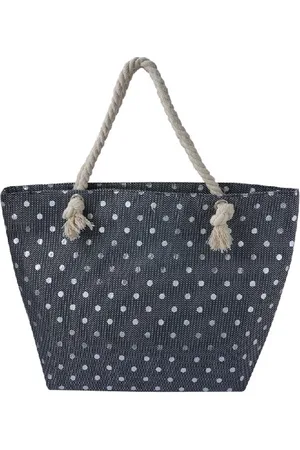 Merkloos Een vrolijke strandtas met aan beide kanten een zwarte, zilvergrijze weefstructuur. De zilvergrijze stippen maken deze tas helemaal af. (56x37cm) Gevoerd, afsluitbaar met rits, met twee handvaten van gedraaid touw. Voor uzelf of als Cadeau.