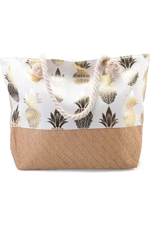 Merkloos Een vrolijke strandtas met een print van een ananas (55x35cm) gevoerd en afsluitbaar met een rits aan de binnenkant. Een handige tas om veel in mee te kunnen nemen. Afgewerkt met twee handvaten van gedraaid touw. Voor uzelf of als Cadeau.