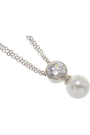 Behave Korte ketting 2rijen 40cm lengte met parelhanger en een facet geslepen cubic zirconia steen