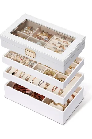 Merkloos Sieradendienblad 4 niveaus stapelbaar sieradendoosje sieradenorganizer glazen deksel afneembare verdelers kaptafel cadeau-idee meisjes vrouwen wit