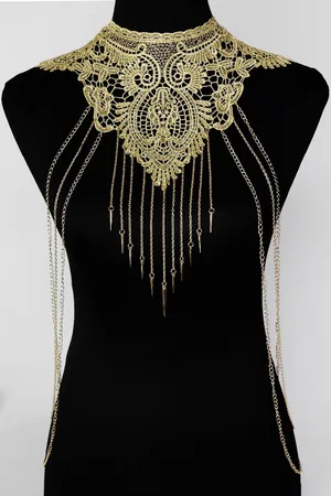 KIMU Body Chain Kant Choker - Lichaamsketting Victoriaans Sexy Lace Buikketting Lichaam Ketting Harnas - Steampunk Collar Gouden Festival