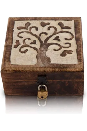 Merkloos Handgemaakte Decoratieve Houten Sieraden Doos - Boom Van Leven Snijden & Sleutel - Verjaardagscadeau Organizer - Keepsake Trinket Houder - Horloge Opbergslot - 127 x 127 cm