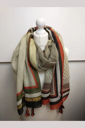 Merkloos Lange dames sjaal Anna fantasiemotief bruin zwart almond grijs groen beige