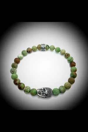 Behave Natuursteen Armband met 925 Sterling Zilver Skull / Buddha / Boedha Bedel van 13 gram Zilver , Handgemaakte Edelsteen Armband met 8mm (Matte groene Opaal) kralen .