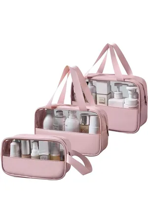 Merkloos Transparante PVC-toilettas set van 3 - Waterdicht, lichtgewicht, roze - voor dames Toilettas