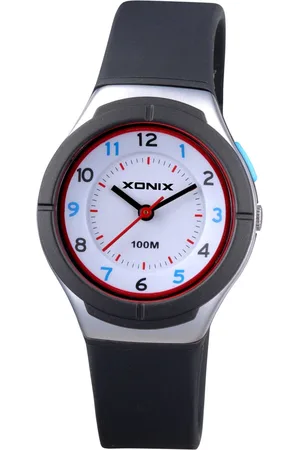 XONIX ABP-007 - Horloge - Analoog - Kinderen - Unisex - Siliconen band - ABS - Cijfers - Waterdicht - Zwart - Zilverkleurig - Rood - 10 ATM