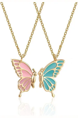 Bixorp Friends BFF Ketting voor 2 met Vlinders - Roze & Blauw aan Goudkleurig Koord - Cadeau voor Haar / Dames / Vriendin / Mama / Vrouwen- Best Friends voor Twee
