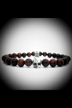 Behave Natuursteen Armband met 925 Sterling Zilver Skull Bedel van 6.1gram Zilver , Handgemaakte Edelsteen Armband met 8mm (Rode Tijgeroog) kralen .