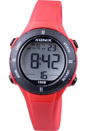 XONIX BAI-A02 - Horloge - Digitaal - Kinderen - Unisex - Siliconen band - ABS - Cijfers - Achtergrondverlichting - Alarm - Start-Stop - Tweede tijdzone - Datumaanduiding - Waterdicht - 10 ATM - Rood - Zwart