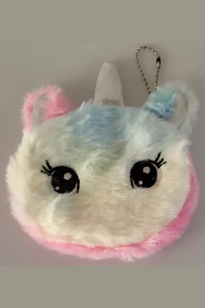 Merkloos Portemonnee Dames - Portefeuille Meisjes - Portemonnee Kinderen - Knuffel zachte fluffy Unicorn mixed colour - 11 x 11 CM - Handig voor bijv. klein geld, munten, sleutel, lippenstift, etc. Voor uzelf of Bestel een Cadeau.