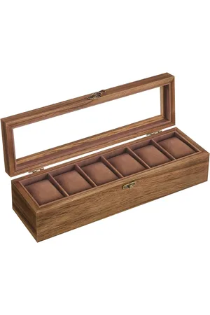 Merkloos Horlogedoos met 6 vakken, horlogekast van massief hout, met glazen deksel, horlogekussen, cadeau voor je geliefde, walnootkleur