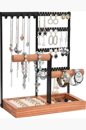 Merkloos Zwart sieradenstandaard - kettinghouder voor sieraden - horlogehouder met ringbewaarbasis - zilveren oorbelhouder voor armbanden - horloges