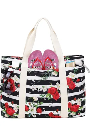 Merkloos Grote strandtas met ritssluiting, shopper dames schoudertas canvas strandtas voor dagtochten of festivals, 55 x 36 x 20 cm, Gestreepte bloemen