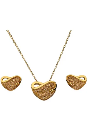 Zilver Goudkleurig Hartje Set - Verguld Oorbellen met Hanger set met Zirconia - en Oorbellen met Hanger - Verguld Echte 925 - Amona Jewelry