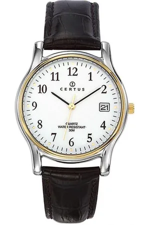Certus Duidelijk heren horloge-Datumaanduiding-Bicolor-Zwart lederen band.