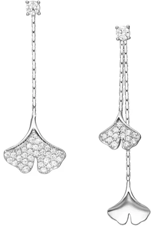 EAR IT UP Oorbellen - Ginkgo - Mismatch - Blad - Leaf - Zirkonia - Pavézetting en klauwzetting - Gerhodineerd 925 sterling zilver - 44 x 14 mm - 1 paar