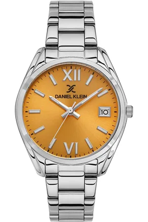 Daniel Klein DK.1.13482-3 - Horloge - Analoog - Dames - Vrouwen - stalen band - Rond - Metaal - Romeinse Cijfers - Streepjes - Datumaanduiding - Zilverkleurig - Oranje
