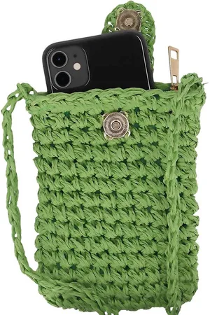 sarlini Telefoontasje dames met rits en drukknoop - Schoudertasje telefoon - Gevlochten papierstro