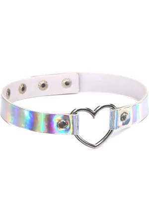 KIMU Choker Iridescent Iridescent Hartje - Holografische Ketting Halsband Collar PVC - Sexy Zilveren Nekband Regenboog Pastel Halsbandje Halsketting Y2K 90