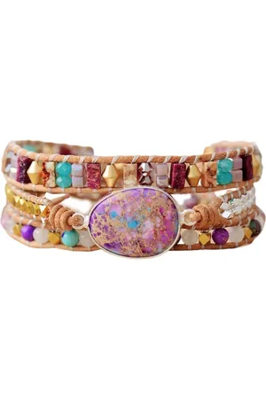 Marama Wikkelarmband Summer Days - damesarmband - leer - edelsteen jaspis - 50 cm. - valentijnscadeau voor haar