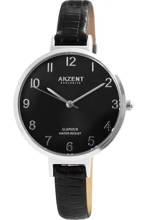 Akzent Dames horloge-Analoog-Rond-36MM-Zilverkleurig-Zwart lederen band.