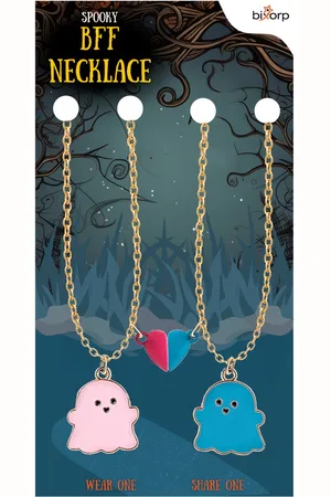 Bixorp Friends Vriendschapsketting voor 2 met Roze & Blauwe Spookjes - Magnetisch Hartje BFF Ketting - Koppel Ketting Cadeau - Goud - 45+5cm