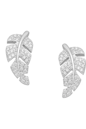EAR IT UP Oorbellen - Blad - Push back oorknopjes - Leaf - Gerhodineerd 925 sterling - Zirkonia - Pavézetting - 16 x 7,5 mm - 1 paar