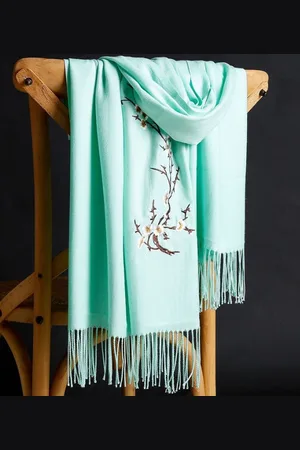 N3 Collecties Winter Warme Effen Sjaal Voor Vrouwen Zachte Wollen Pashmina Sjaals Bloem Borduurwerk Kasjmier ~ licht Groen