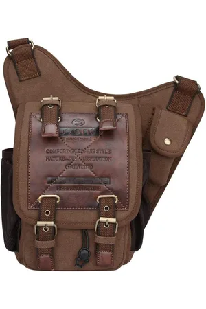Merkloos Uniseks borstzak voor heren, vintage, canvas, PU-leer, militaire multifunctionele schoudertas voor reizen, wandelen, school, Khaki-1., vintage