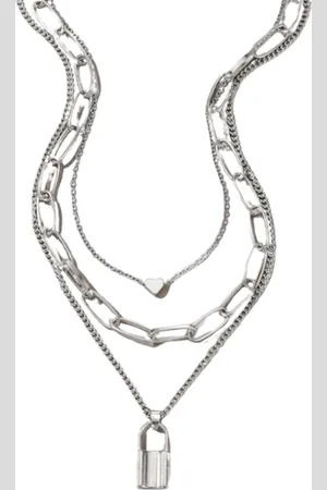 Jaynoi Ketting met slotje kleurig staal (3-delig) - Ketting met hanger dames kleurig staal hartje - Kettingen dames zilverkleurig - Koppel meisjes ketting sieraden ketting
