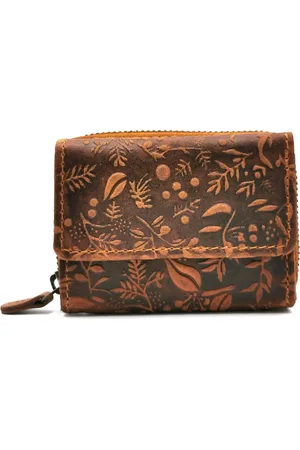 Hillburry Leren miniportemonnee met reliëf bloemen - mooi en praktisch - (bxhxd) ca. 9cm x 6,5cm x 2cm