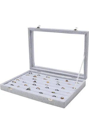 Merkloos Velours Ring Sieraden Opslag Display Doos Tray 7 Gleuven Deksel - Vertoon Organizer Kast Houder Helder Transparant Glazen Deksels - Ringen Oorbellen Cufflinks
