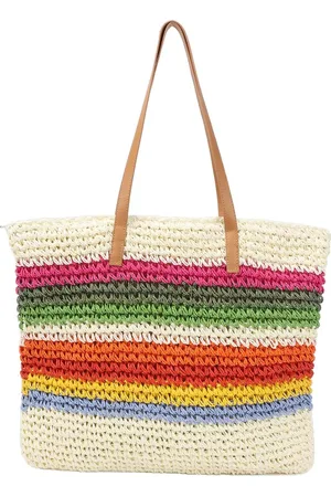 Merkloos Geweven schoudertassen stro strandtas voor dames zomer Boheemse stijl grote strohandtas strand schoudertas, Witte regenboogstrepen