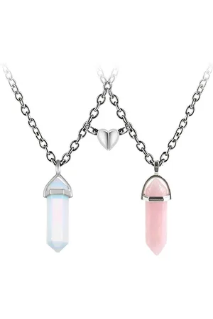 Bixorp Friends Koppel Ketting voor 2 met Magnetisch Hartje & Kristallen Roze/Blauw - Zilverkleurig - Vriendschap Cadeau
