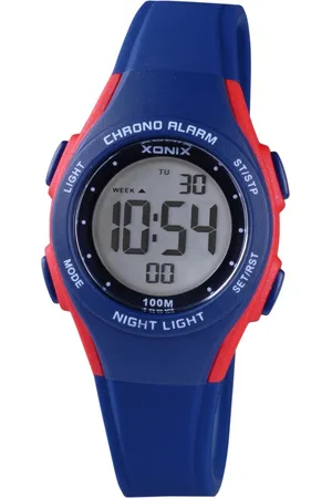 XONIX BAY-A06 - Horloge - Digitaal - Kinderen - Unisex - Siliconen band - ABS - Cijfers - Achtergrondverlichting - Alarm - Start-Stop - Tweede tijdzone - Datumaanduiding - Waterdicht - DokerBlauw - Rood - 10 ATM