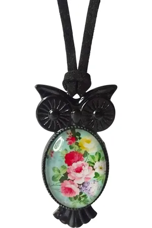 2 Love It Gebloemde Uil - Ketting - Suede veter - Metaal - Lengte 45 cm - - Rood - Roze - Zwart