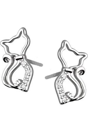 Zilver Kat Oorbellen - Oorstekers Kat met Zirkonia - Silver Cat Earrings - Amona Jewelry
