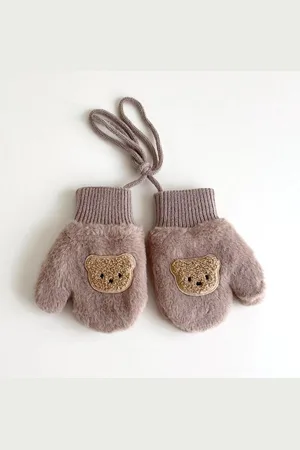 MINIIYOU Pluchen Wanten met Voering met Koord - 2-4 jaar - Beertje - Bruin