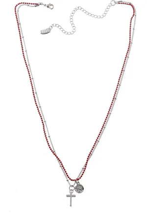 Behave Korte ketting zilverkleur met 42 cm lengte, metaal, 2rijen, hanger kruis + 7,5 cm verlengketting