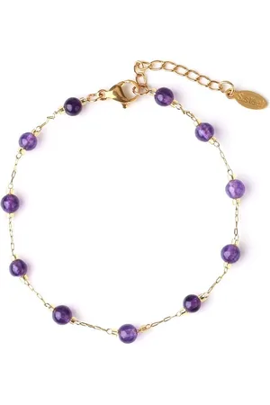 Kasey Amethist Armband - 19 cm + 2 cm verstelbaar- Goudkleurig - Edelsteen Armband - Natuursteen Kralen Armband - Armband Dames