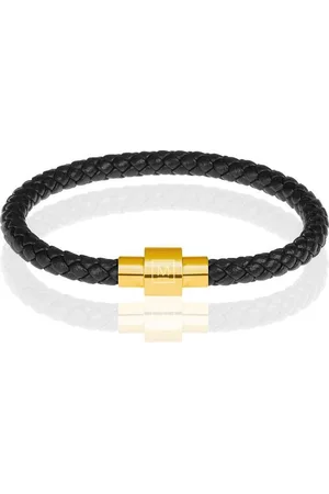 Memphis Armband leer met edelstaal Zwart Goudkleurig-20cm