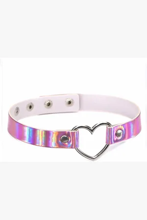 KIMU Choker Iridescent Roze Hartje - Holografisch Collar Ketting Sexy Festival