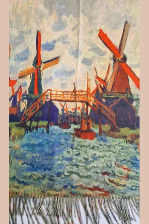 Modesjaals.nl Sjaal schilderij Claude Monet, de Molens bij Zaandam van dikker materiaal met 2 kanten (1 kant effen)