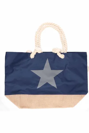 Merkloos Marine blauwe strandtas met grijze ster 55 cm - Strandtassen/schoudertassen - Shoppers/zomer tassen