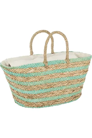 J-line Strandtas Kort Handvatten Horizontale Strepen Jute /blauw - 47x31x63cm