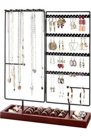 Merkloos Earring Holder 144 Gaten Stud Earring Display Rack Necklace Holder Storage Tower met verwijderbare houten Ring Tray voor Oorbellen Kettingen Armbanden Ringen Horloges -Black - Jewelry Stand Organizer