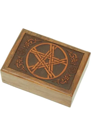 Merkloos Gegraveerd houten Tarot opbergdoos met Pentacle en rode vilt voering- Vind ietsanders