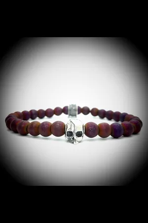 Behave Metalige Armband met Coating met 925 Sterling Zilver Skull Bedel van 6.1gram Zilver , Handgemaakte Edelsteen Armband met 7mm (Donker ) kralen .